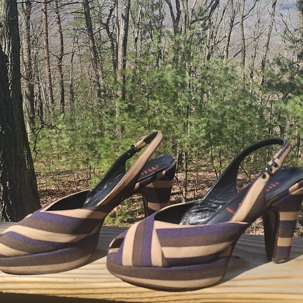 Vintage Miu Miu Striped Calzature Donna Fabric Coated Peep Toe Heels Sz 39